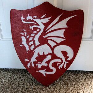 Wood Handmade Toy Wooden Shield with Dragon Stencil and Leather Handle